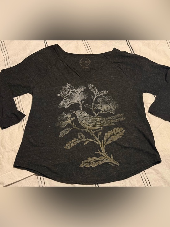 Lucky Brand Tops - Lucky Brand Charcoal Long-Sleeve Top with Metallic Bird & Floral Print